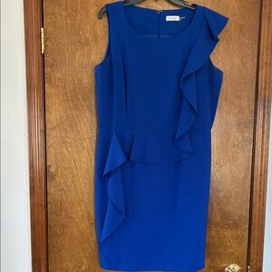 Calvin Klein Royal Blue Ruffle Sheath Midi Dress